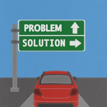 Problem and solution highway sign concept with stitch style on fabric backgro Illustrazione stock