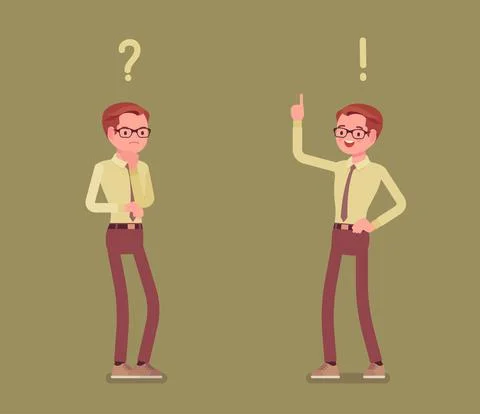 Problem and solution, man thinking with question, exclamation marks Stock Illustration