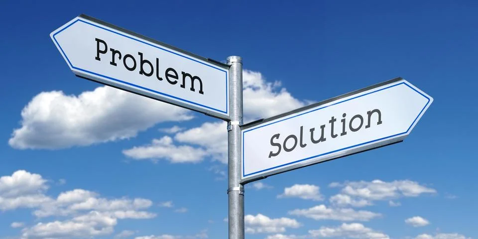 Problem and solution - metal signpost with two arrows Illustrazione stock