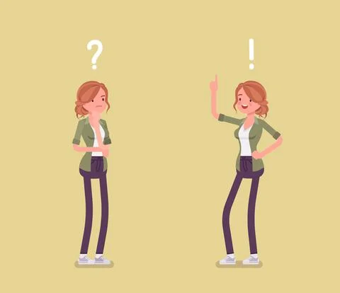 Problem and solution, woman thinking with question, exclamation marks Stock Illustration