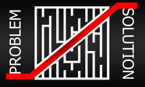 A problem and solution words connected by a line that breaks through the maze Illustrazione stock