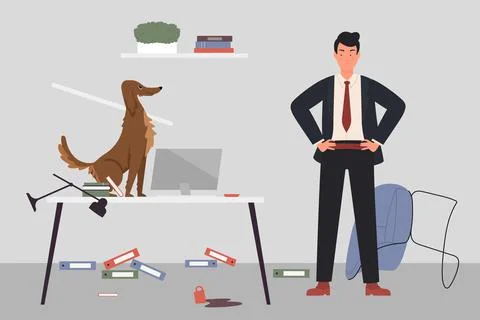 Problem bad dog pet behavior, playful dog playing, sitting on table, broken Stock Illustration