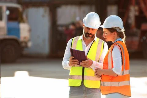 The Problem with businessman talking and checking loading Containers box from Foto stock