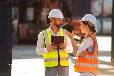The Problem with businessman talking and checking loading Containers box from Stock Photos