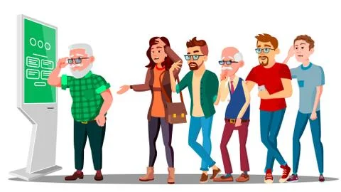 Problem Of Cash Withdrawal, Big Line Of People To Atm Vector. Isolated Stock Illustration