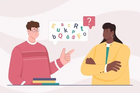 Problem of communication, smart man speaking words in technical jargon to Illustrazione stock