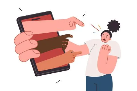 Problem cyber shaming and trolling of internet users over woman holding big Stock Illustration