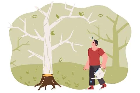 Problem of deforestation worries man, trying to save destroyed tree and prevent Stock-Illustration