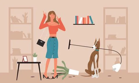 Problem dog pet owner, bad domestic animal behavior, unhappy girl scolding doggy Stock Illustration