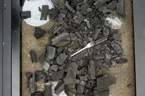 The problem of ecology, forest fires and plastic pollution, disposable tableware Stock Photos
