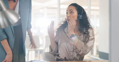 Problem, error or mistake with a woman in a call center for customer service Foto stock