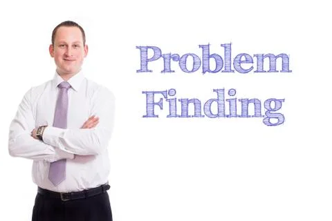Problem Finding - Young businessman with blue text Stock Photos