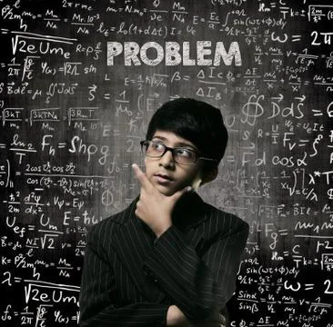 Problem. Genius Little Boy Thinking Wearing Glasses Chalkboard Foto stock