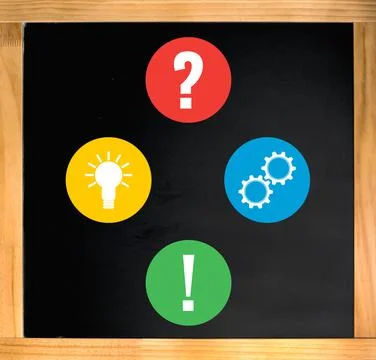 Problem idea realization solution icons on blackboard Stockfoto's