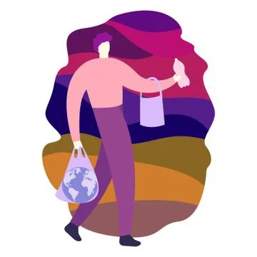 Problem of landfill. Environmental pollution. Man holding globe in plastic bag Stock Illustration