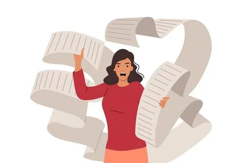 Problem of large bills to pay upsets aggressive young woman holding long paper 스톡 일러스트