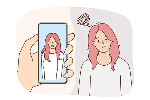 Problem of low self-esteem in upset woman standing near beautiful portrait in 스톡 일러스트