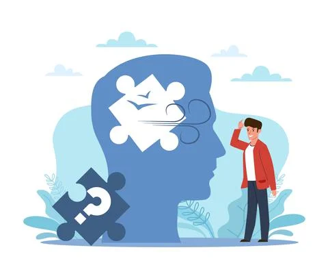 Problem memory loss. Clouding of the mind, amnesia or dementia problems, puzzle Stock Illustration