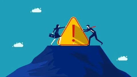 Problem notification. Two businessmen compete to push an exclamation mark Stock Illustration