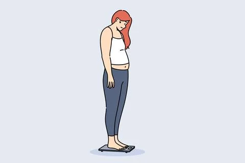 Problem of obesity and weight gain about depressed woman standing on electronic Illustrazione stock