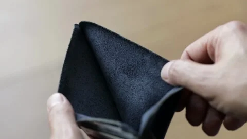 Problem person man holding and open empty wallet, purse no have money bill Stock Footage 336450379