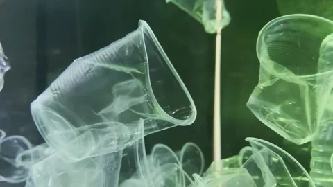 Problem plastic and microplastics garbage is floating on the water. Plastic test Stock Footage 265176914