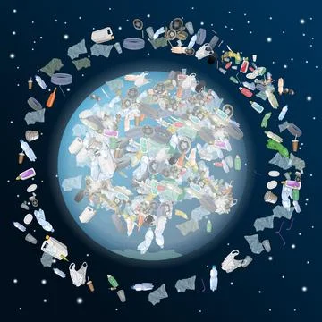 The problem of pollution of the planet. Space debris. The garbage, plastic, b Stock Illustration