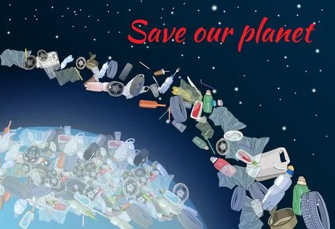 The problem of pollution of the planet. Space debris. The garbage, plastic, b Stock Illustration