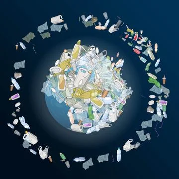The problem of pollution of the planet. Space debris. The garbage, plastic, b Stock Illustration