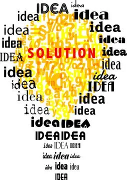 Problem, solution and idea concept,with tag cloud and lightbulb. Vector illus Illustrazione stock