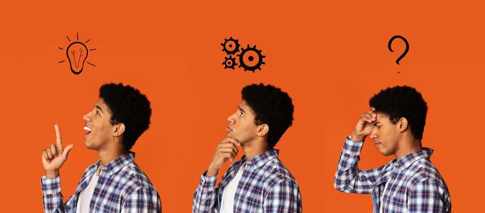 Problem solution collage. African-American man searching for and finding new Stock Photos