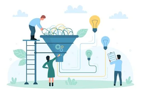 Problem solution, idea management, tiny people work with funnel to unravel messy Stock Illustration
