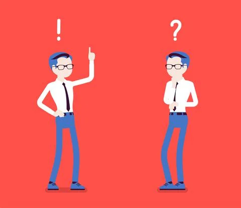 Problem, solution, man thinking, question, exclamation marks Stock Illustration