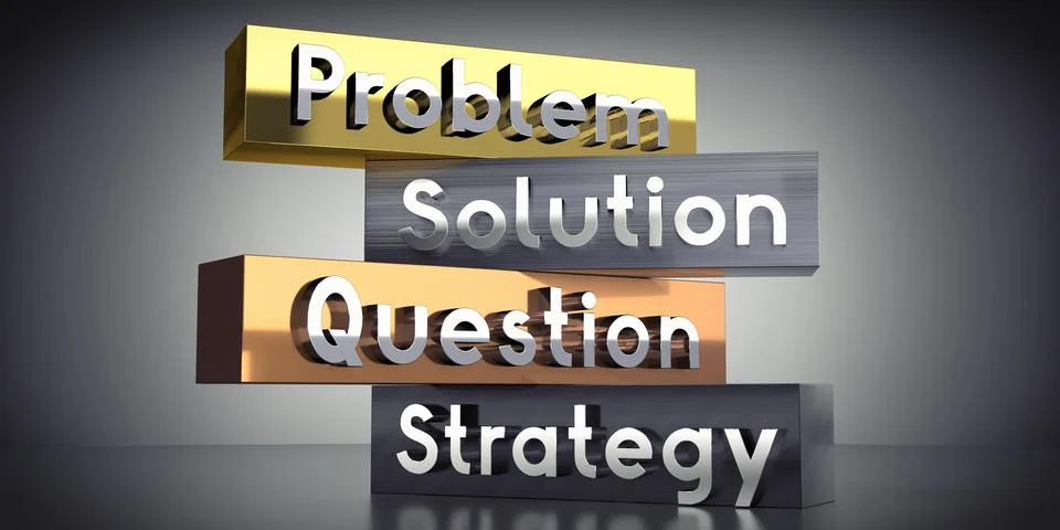 Problem, solution, question, strategy - words on metal blocks - 3D illustrati イラスト素材