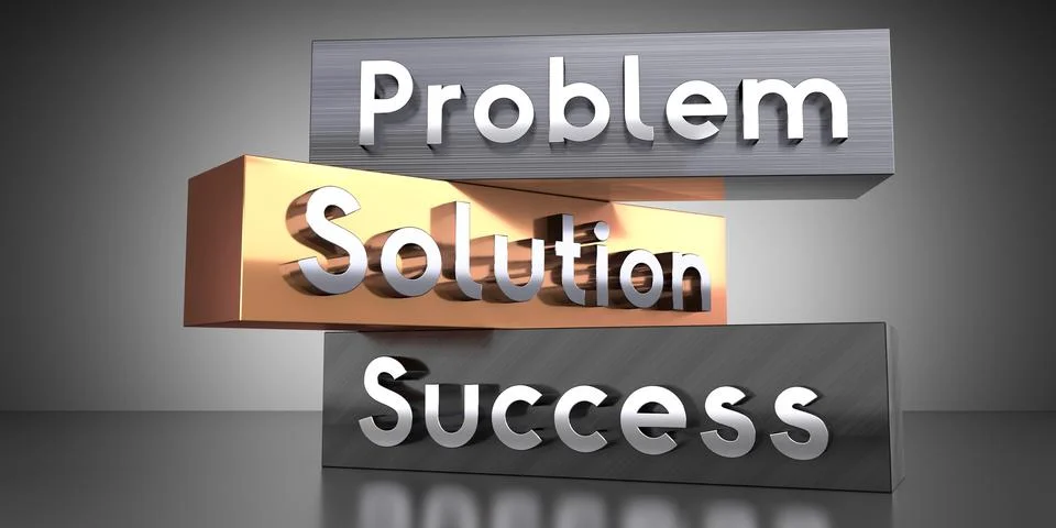 Problem, solution, success - words on metal blocks - 3D illustration イラスト素材