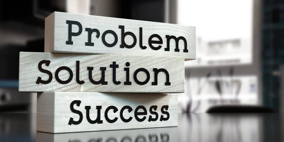 Problem, solution, success - words on wooden blocks Illustrazione stock