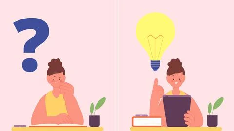 Problem solution. Thoughtful girl with tables and book. Cute cartoon kid sitting Stock Illustration