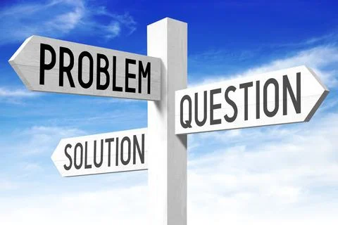 Problem, solution - wooden signpost with three arrows and sky in background Stock Photos