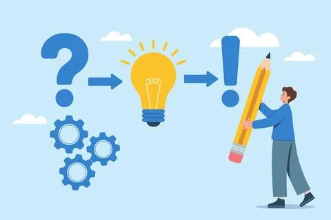 Problem to Solution Workflow with Idea Lightbulb and Exclamation Concept. Illustrazione stock