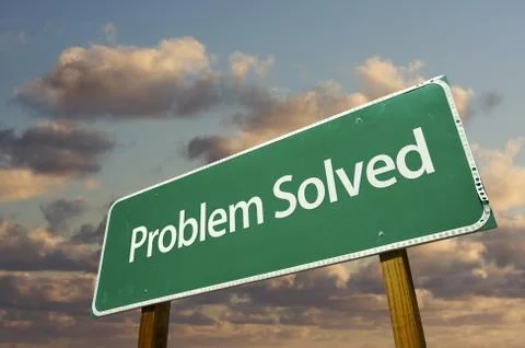 Problem Solved Green Road Sign with Dramatic Clouds and Sky. Stock Photos