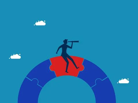 Problem solved successfully. Businessman looking into binoculars on jigsaw .. Illustrazione stock