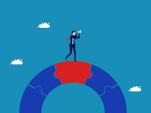 Problem solved successfully. man looking into binoculars on jigsaw bridge. .. Illustrazione stock