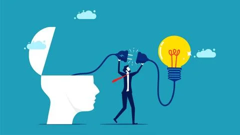 Problem solving and creativity. businessman connects a light bulb to head Illustrazione stock