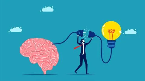 Problem solving and creativity. Businessman connecting light bulb to brain Stock Illustration