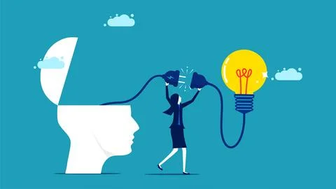 Problem solving and creativity. businesswoman connects a light bulb to head 스톡 일러스트