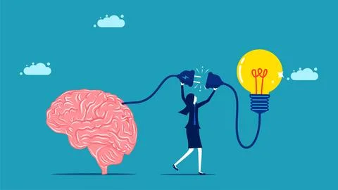 Problem solving and creativity. Businesswoman connecting light bulb to brain Illustrazione stock