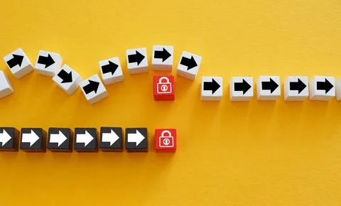 Problem solving and overcoming challenges. Arrows hitting an obstacle Stock Photos