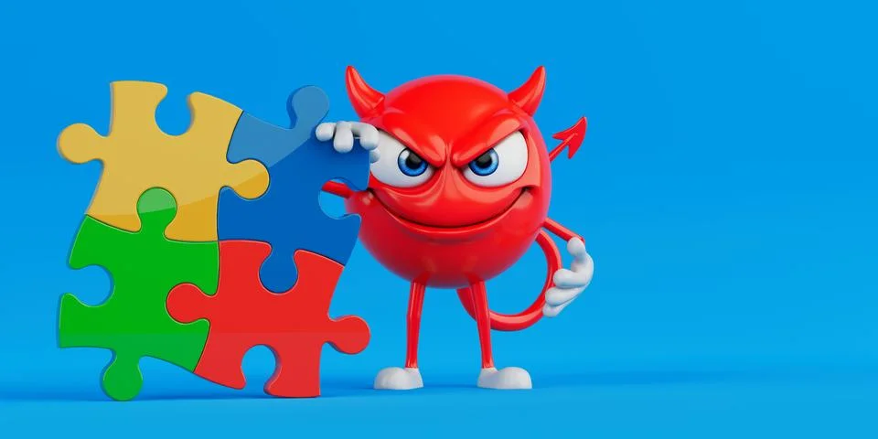Problem Solving And Strategic Thinking Concept. Red Evil Cartoon Character .. Illustrazione stock