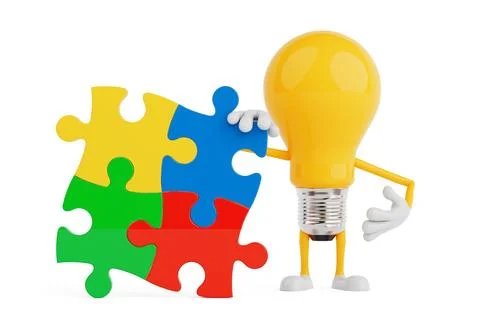 Problem Solving And Teamwork Concept. Light Bulb Character Holding Colorful.. Stock Illustration