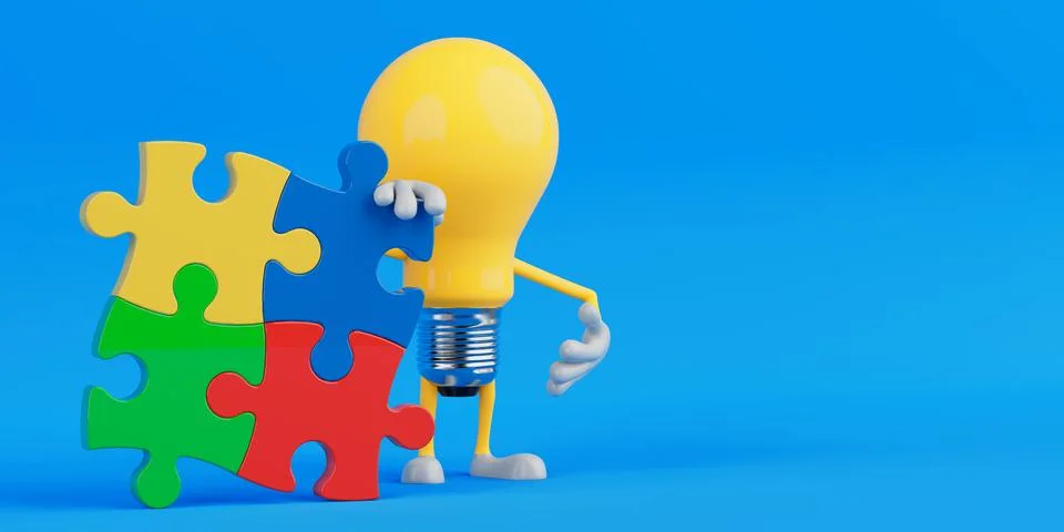 Problem Solving And Teamwork Concept. Light Bulb Character Holding Colorful.. Stock Illustration